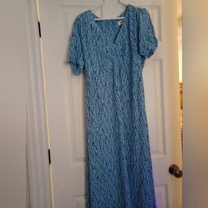 Ro & Zo Womens Size 10 Blue Dash Print Ruched Front Midi Dress